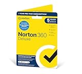 Norton 360 Deluxe yellow package with black checkmark, antivirus for 5 devices, 1-year subscription, activation code by post.