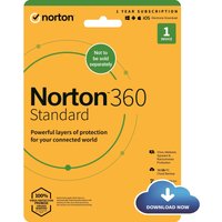 Norton 360 Standard 2022 antivirus software package with yellow background, green and black text, download icon.