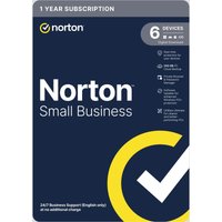 Norton Small Business antivirus software box, blue with yellow checkmark, covers 6 devices, 1-year subscription.
