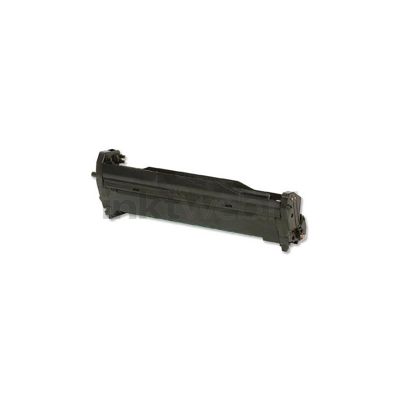 Black toner cartridge for OKI printers, featuring a rectangular shape with a smooth plastic finish and connectors on either end for easy installation.