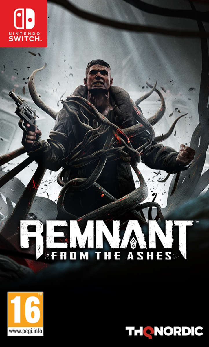 A muscular man with a gun stands amidst dark, twisting vines, wearing a rugged jacket, with the game title "Remnant: from the Ashes" prominently displayed at the bottom.