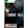 Resident Evil 4 game cover for Xbox Series X|S features a dark, moody design with the title prominently displayed in bold red and white letters, alongside an image of a character in shadow.