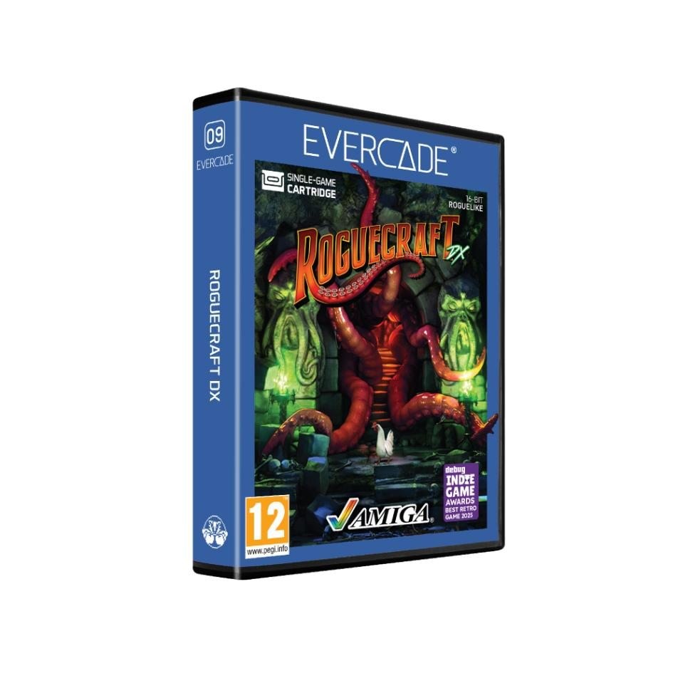Roguecraft DX game cartridge by RETRO GAMES features vibrant artwork with a red octopus, set against a green jungle background, in a blue box with a white Evercade logo.
