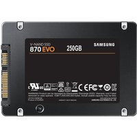 Black Samsung 870 EVO 250GB 2.5" SSD with V-NAND MLC, gold SATA connector, and white labeling.