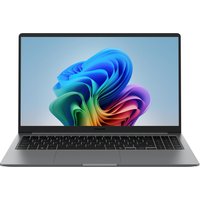 Grey Samsung Galaxy Book4 laptop, 15.6" screen, slim design, black keyboard, vibrant display, Windows 11 interface.