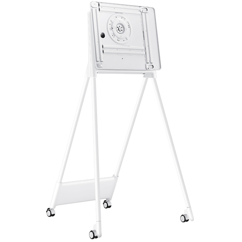 White Samsung stand for a 55-inch interactive display, featuring a sturdy metal frame with wheels for mobility and a secure mounting plate for the display.