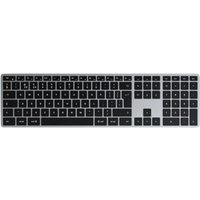 Black and grey Satechi Bluetooth keyboard with numeric keypad and multimedia function keys.