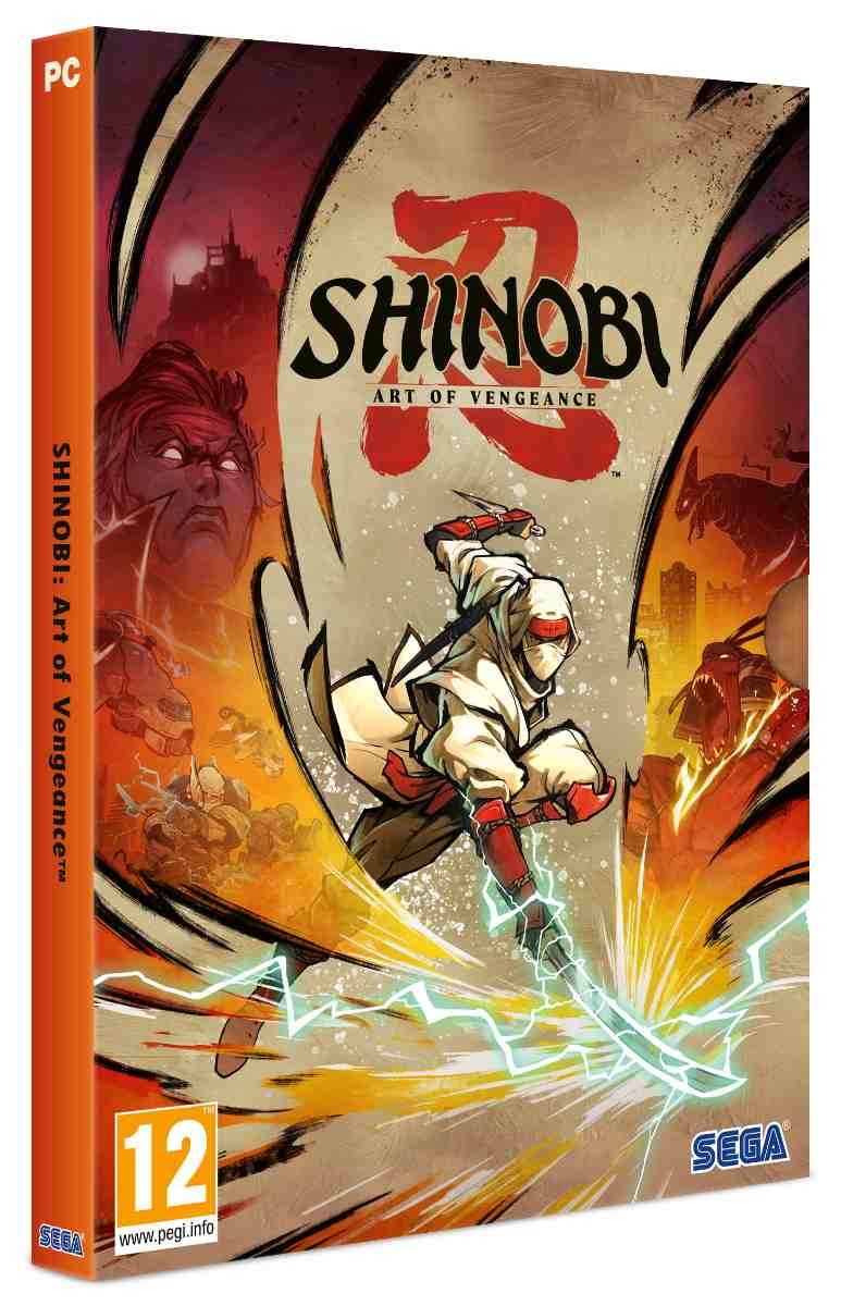 SHINOBI: Art of Vengeance by Sega features a dynamic cover with a ninja wielding a sword, vibrant colors, and striking illustrations of characters and action scenes.