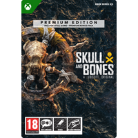 "Skull and Bones Premium Edition game cover with ship wheel, skull, and bones on stormy sea background for Xbox"
