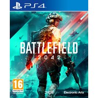 "Battlefield 2042 PS4 game cover featuring a soldier in futuristic gear with a blue and orange battlefield backdrop"