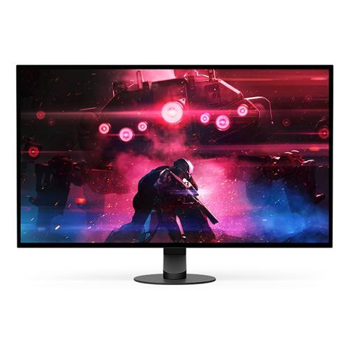 Sony INZONE M10S monitor features a sleek black design, 26.9-inch Quad HD OLED display with vibrant colors, and a modern stand, showcasing a dynamic gaming scene.