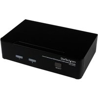 Black StarTech.com 2 Port USB DisplayPort KVM Switch with audio, featuring two buttons and a select switch.