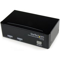 Black StarTech.com 2 Port USB KVM Switch with two buttons, labeled 1 and 2, and a sleek rectangular design.