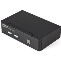 Black StarTech.com KVM switch with two USB ports, HDMI, audio jacks, and a USB 2.0 hub, featuring a sleek rectangular design.