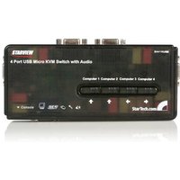 Black StarTech 4 Port USB KVM Switch with cables, audio ports, and labeled buttons for computer selection.