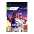 Cover art for "Super Mega Baseball 4" features two cartoonish baseball players, one in a blue jersey and the other in red, with a colorful sunset background and game logo prominently displayed.