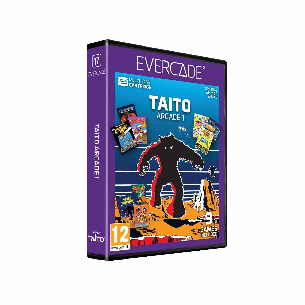 Purple game cartridge box featuring "Taito Arcade 1" title, with colorful graphics of characters and scenes, showcasing nine classic arcade games included.