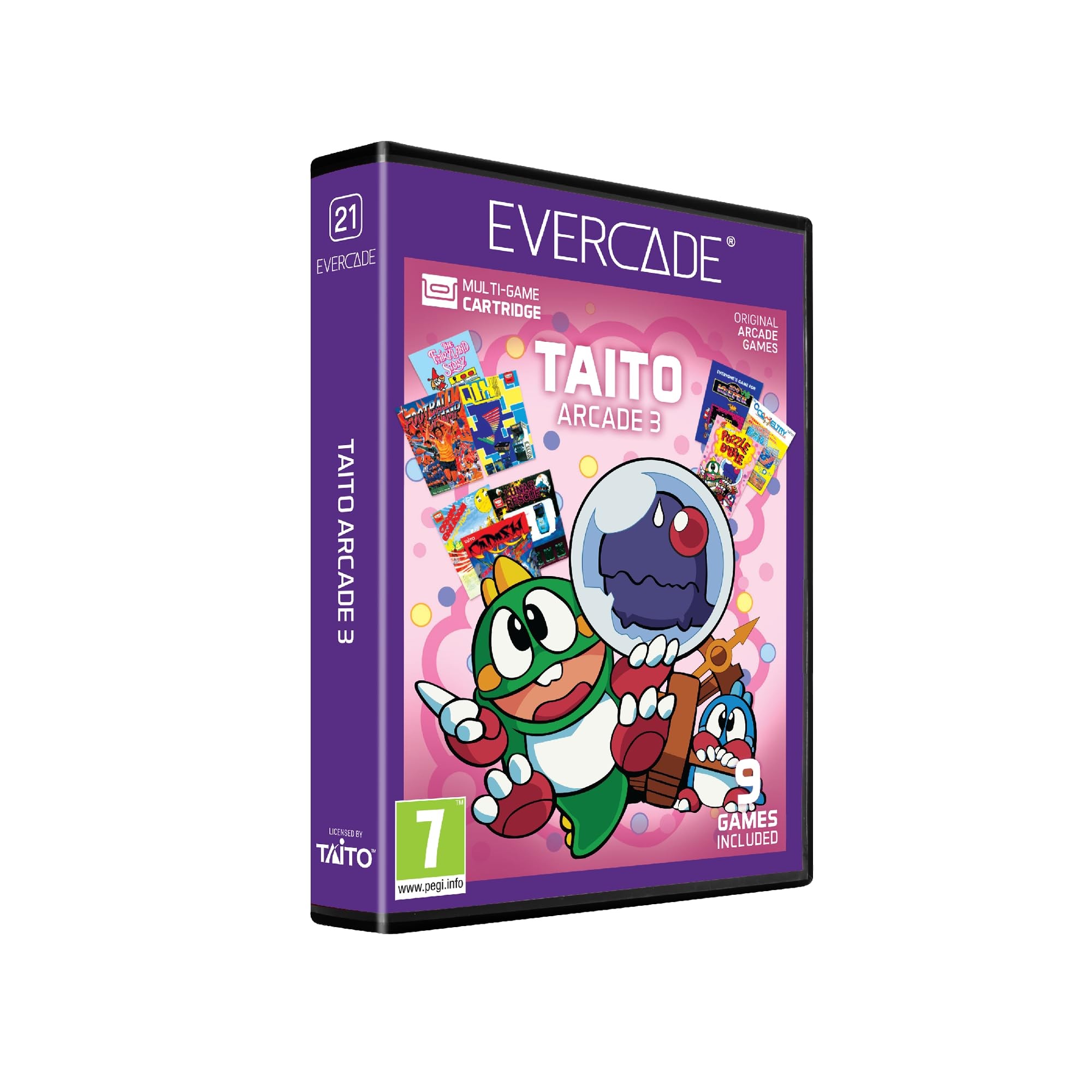 Purple box featuring "TAITO Arcade 3" title, colorful cartoon character on the front, and images of classic game covers; includes "Evercade" branding and age rating of 7.