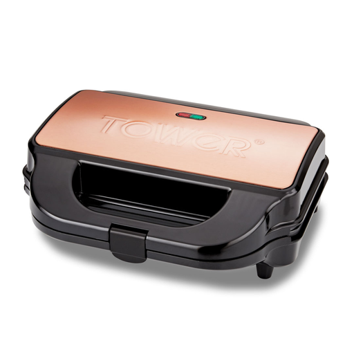 Rose gold and black 3-in-1 snack maker featuring a non-stick coated plate, automatic temperature control, and a sleek design with a prominent "TOWER" logo on the lid.