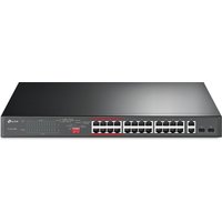 Black TP-Link 24-Port 10/100Mbps switch with 2 Gigabit ports, PoE+ capability, and LED indicators on the front panel.