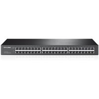 Black TP-Link 48-port gigabit rackmount network switch with LED indicators and metal casing.