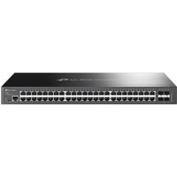 Black TP-Link Omada 48-port gigabit switch with 4 SFP slots, sleek metal casing, and LED indicators.