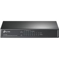 Black TP-Link TL-SG1008P network switch with 8 Ethernet ports and PoE support, compact rectangular design.