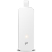 White TP-Link UE300 network card with USB connector and LED indicator on the front.