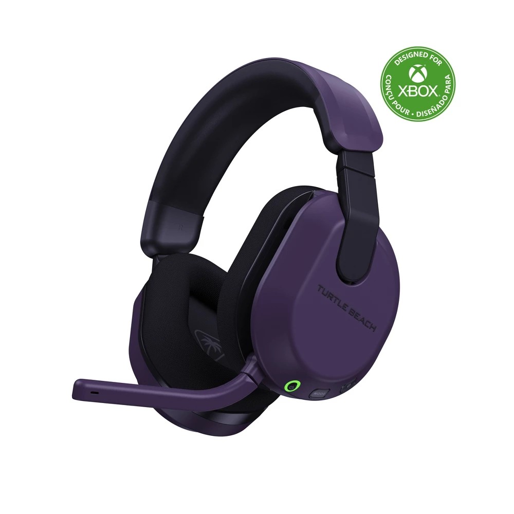Purple Turtle Beach Stealth 600 wireless gaming headset features 50mm speakers, a flexible microphone, cushioned ear cups, and a green LED indicator, designed for Xbox and PC.