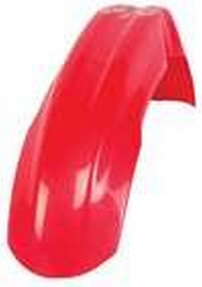 Bright red plastic front fender designed for Honda CRF models, featuring a sleek, aerodynamic shape with smooth curves and a glossy finish.