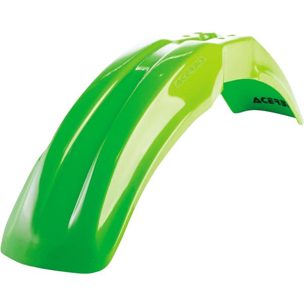Bright green plastic front fender designed for Kawasaki KX85 models from 1998 to 2013, featuring a sleek, aerodynamic shape with Acerbis branding.