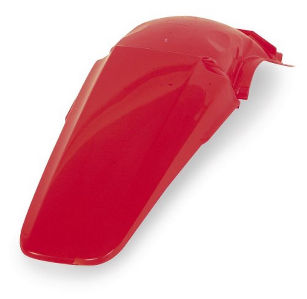 Bright red plastic rear fender designed for Honda CRF150R models from 2007 to 2023, featuring a sleek aerodynamic shape and smooth finish.