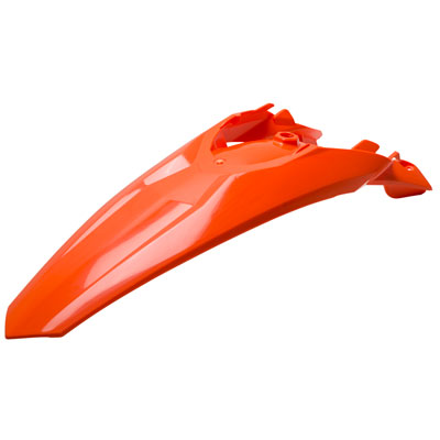Bright orange plastic rear fender designed for KTM SX 125/150 and SXF 250/350/450 models from 2011 to 2015, featuring a sleek aerodynamic shape and mounting points.