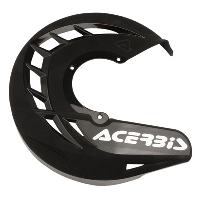 Black Acerbis X-Brake Front Disc Cover features a sleek design with cutouts for ventilation and the brand name prominently displayed in white.