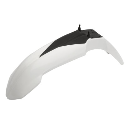 White Acerbis front fender for KTM SX65 (2009-2011), featuring a sleek design with a black accent at the top and mounting points for easy installation.