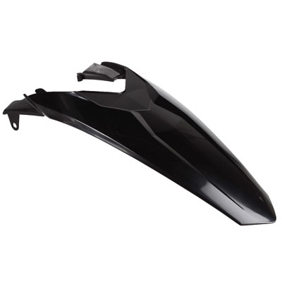 Black plastic rear fender designed for KTM SX85 models from 2013 to 2017, featuring a sleek aerodynamic shape and mounting points for easy installation.