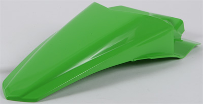 Bright green plastic rear fender designed for Kawasaki KX85 (2014-2024) and KX100 (2014-2021), featuring a sleek aerodynamic shape and smooth finish.