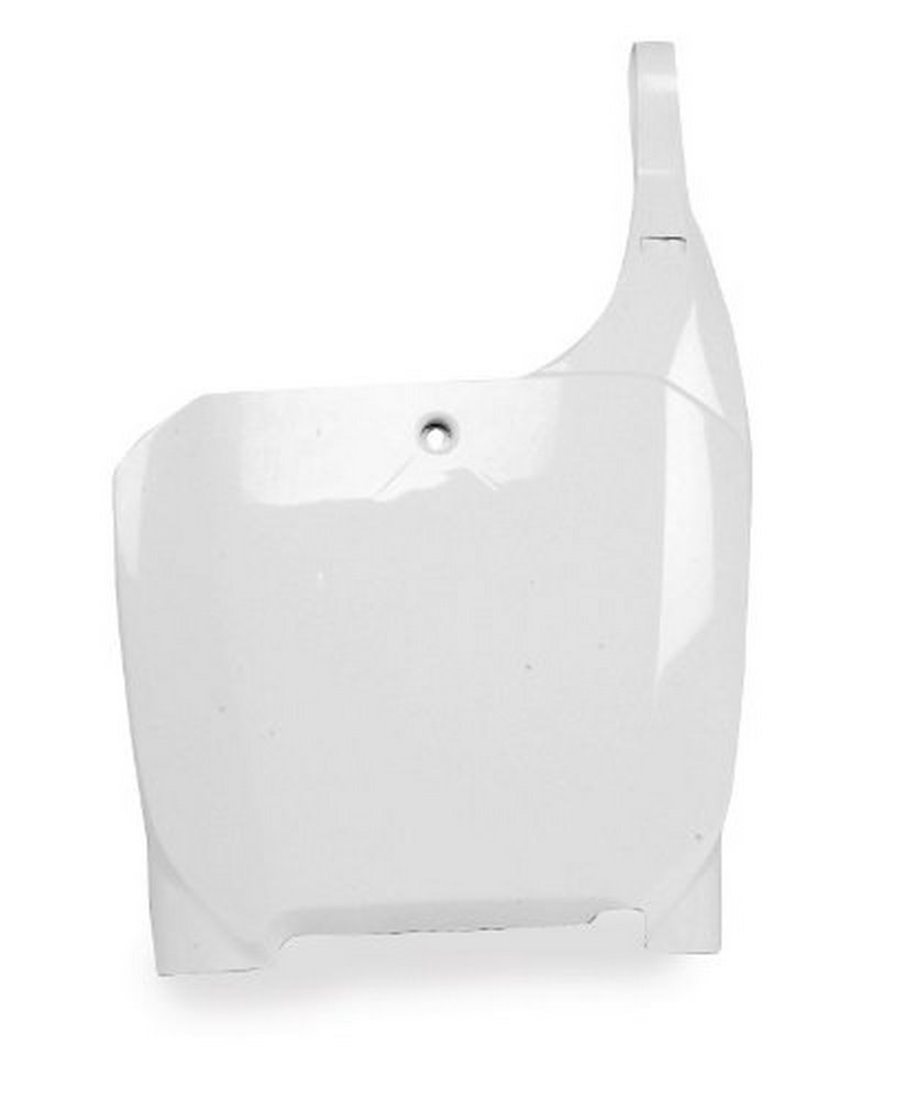 White Acerbis front number board designed for Kawasaki KX85 (2014-2024) and KX100 (2014-2021), featuring a smooth plastic surface and a mounting hole for easy attachment.