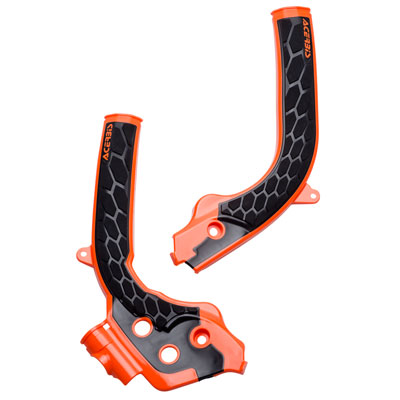 Acerbis X-Grip frame guards in orange and black, featuring a honeycomb texture and designed for KTM EXC/EXC-F 2017-19 and Husqvarna TE/FC/FE models.
