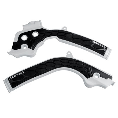 White and black Acerbis X-Grip frame guards featuring a textured grip surface, designed for KTM EXC/EXC-F 2017-2019 and Husqvarna TE/FC/FE models from 2016-2019.