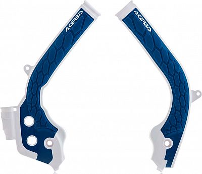 Blue and white Acerbis X-Grip frame protector featuring a hexagonal texture, designed for Husqvarna and KTM motorcycles, with cutouts for easy installation.