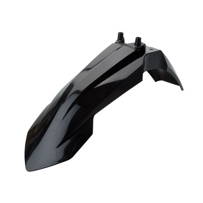 Black plastic front fender designed for KTM SX65 (2016-2023) and Gas Gas MC65 (2021-2023), featuring a sleek aerodynamic shape and two mounting points.