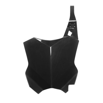 Black plastic front number board designed for Acerbis, compatible with Kawasaki KXF250 (2017-2025) and KXF450 (2016-2025), featuring a sleek, angular design and a mounting strap.