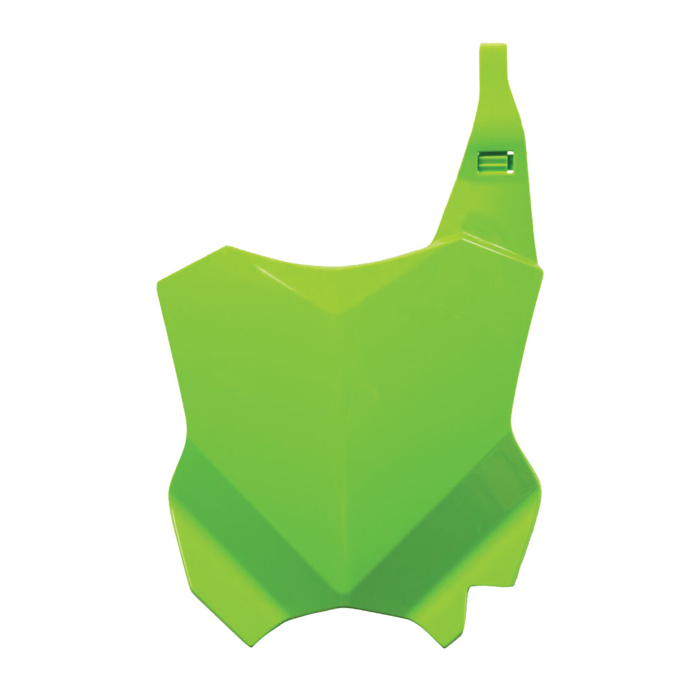 Bright green plastic front number board designed for Kawasaki KXF250 (2017-2025) and KXF450 (2016-2025), featuring a sleek, aerodynamic shape and a mounting hook.