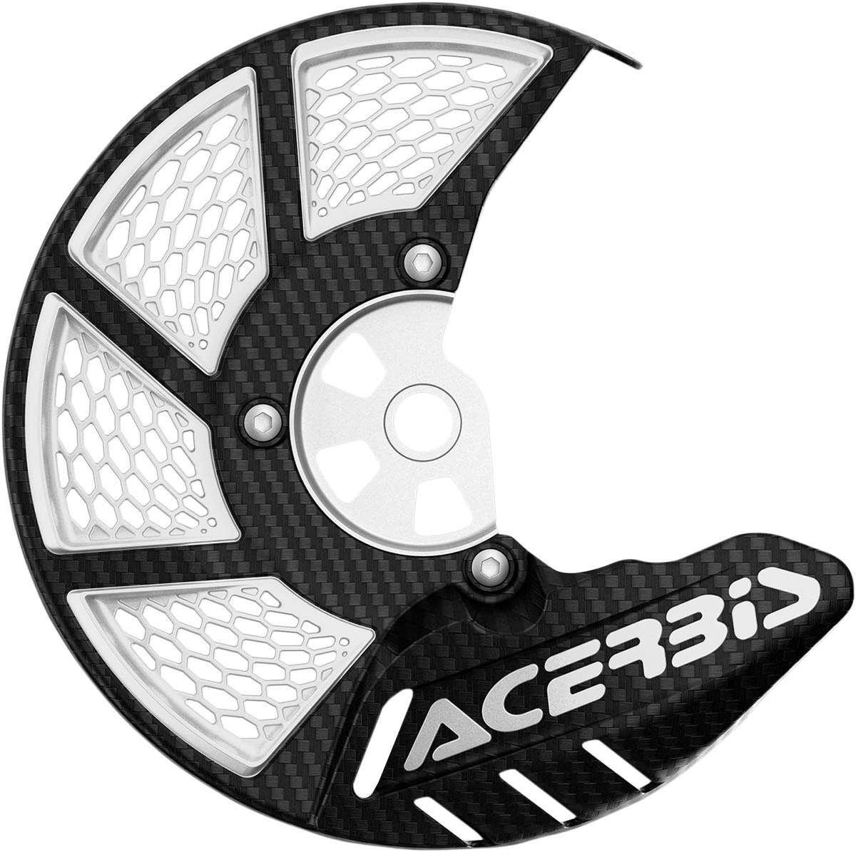 Acerbis X-Brake 2.0 front disk cover features a sleek black carbon fiber design with white mesh cutouts and the "Acerbis" logo prominently displayed.