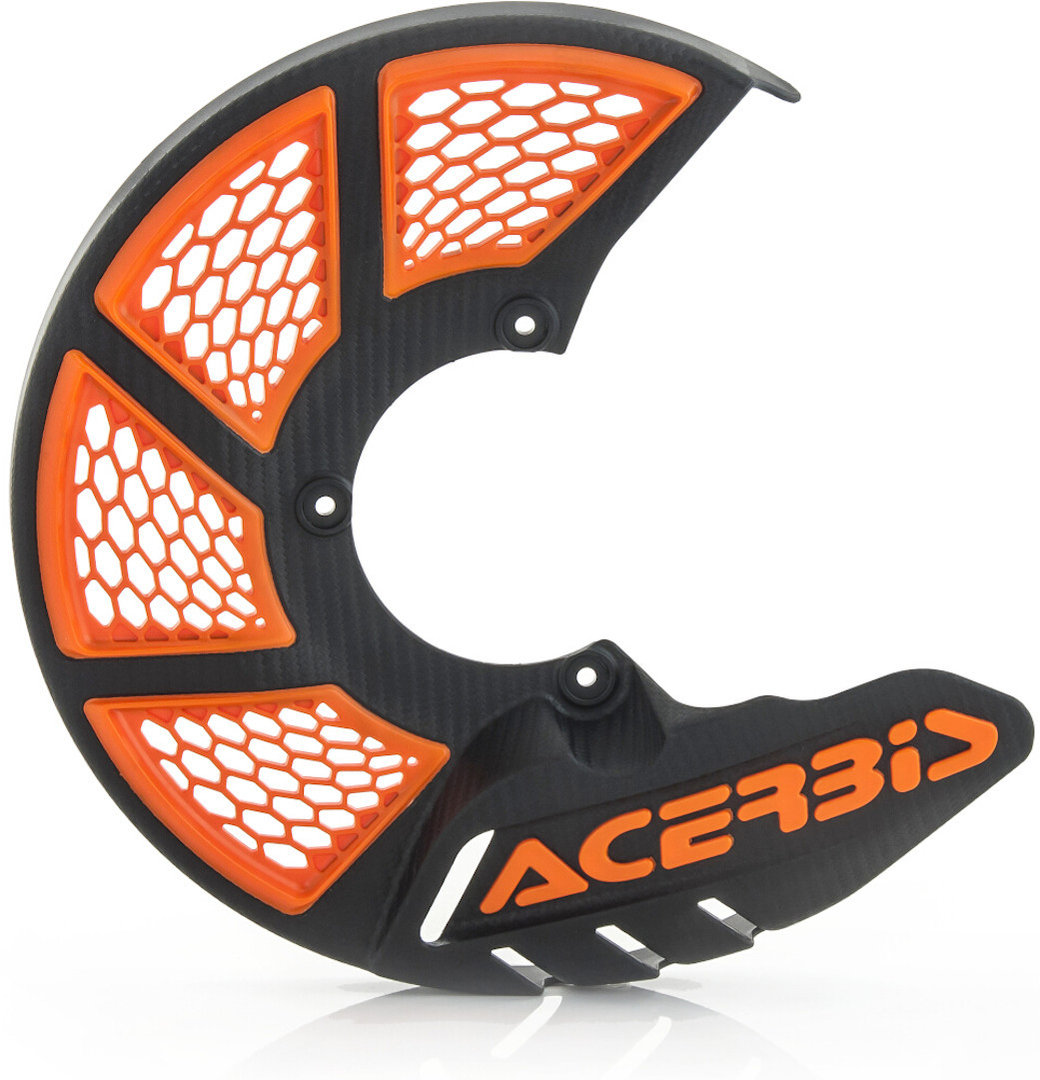 Acerbis X-Brake 2.0 front disk cover features a black carbon fiber design with orange honeycomb accents and a protective shape for enhanced durability and style.