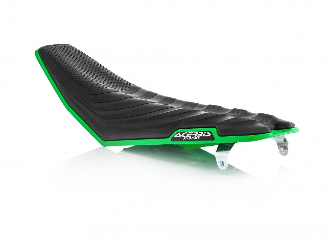 Acerbis X-Seat hard complete seat in black with green accents, featuring a textured surface and ergonomic design, compatible with Kawasaki KXF250 (2017-20) and KXF450 (2016-18).