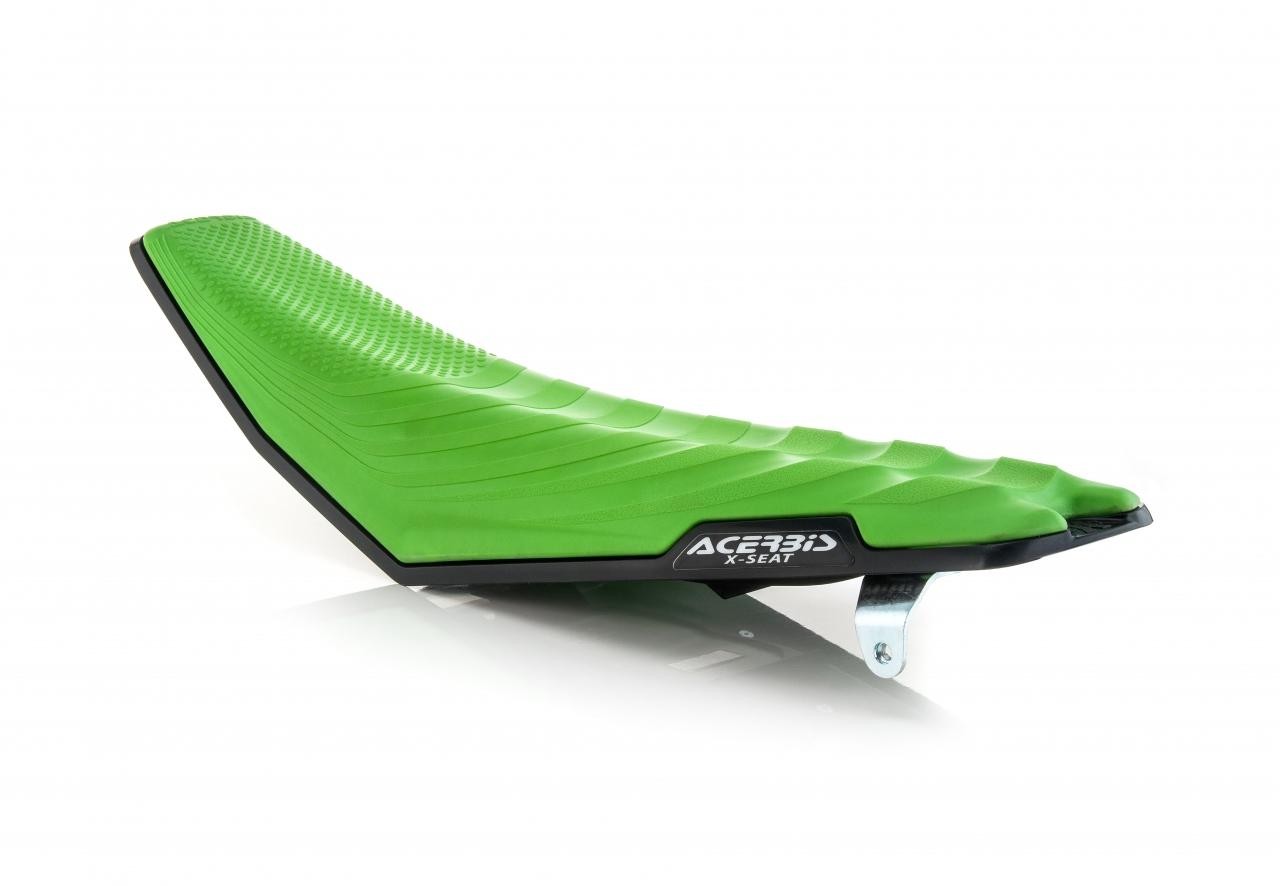 Green Acerbis X-Seat hard complete seat with a textured surface, designed for Kawasaki KXF250 (2017-20) and KXF450 (2016-18), featuring a sleek, aerodynamic shape.