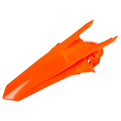 Bright orange plastic rear fender designed for KTM EXC-F models 250/350/450/500 from 2017 to 2019, featuring a sleek aerodynamic shape and mounting points for easy installation.