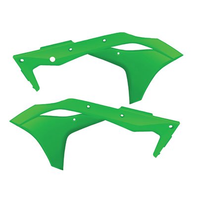 Green Acerbis radiator scoops designed for Kawasaki KXF250 models from 2017 to 2020, featuring a sleek, aerodynamic shape and durable plastic material.